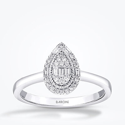 0.17 Karat Pırlanta Baget Taşlı Damla Trend Yüzük - Baroni Diamond