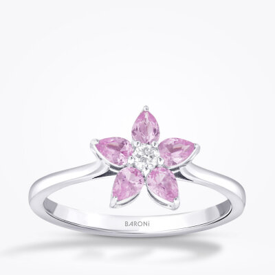 0.56 Karat Pırlanta Pembe Safir Çiçek Yüzük - Baroni Diamond