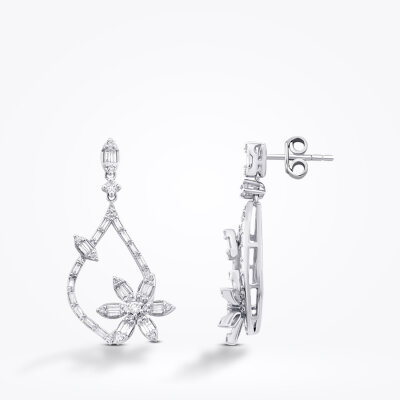 0.80 Karat Pırlanta Baget Taşlı Çiçek Küpe - Baroni Diamond