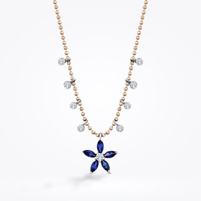 0.80 Karat Pırlanta Safir Çiçek Kolye - Baroni Diamond