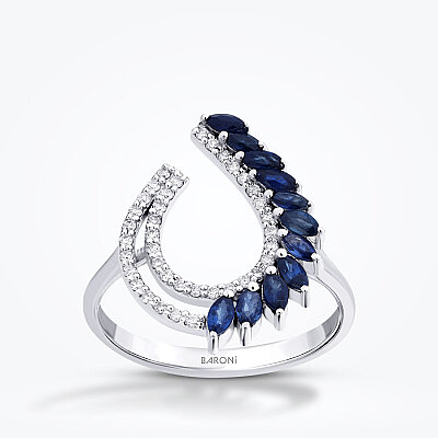 0.81 Karat Pırlanta Markiz Taşlı Safir Trend Yüzük - Baroni Diamond