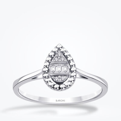0.05 Karat Pırlanta Efektli Damla Baget Yüzük - Baroni Diamond