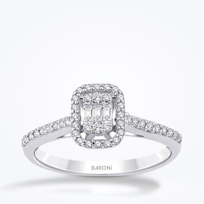 0.27 Karat Pırlanta Yanları Taşlı Baget Yüzük - Baroni Diamond