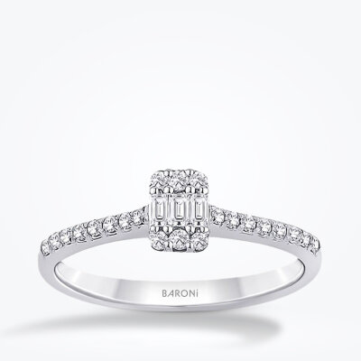 0.32 Karat Pırlanta Yanları Taşlı Baget Yüzük - Baroni Diamond