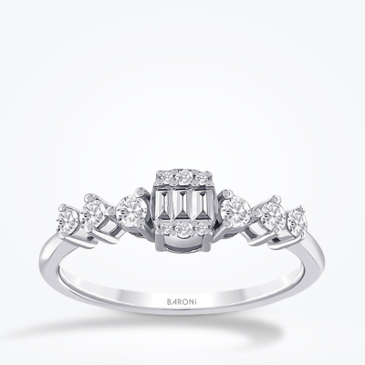 0.32 Karat Pırlanta Yanları Taşlı Baget Yüzük - Baroni Diamond