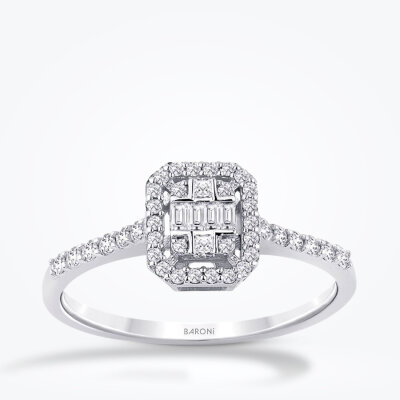 0.35 Karat Pırlanta Yanları Taşlı Baget Yüzük - Baroni Diamond