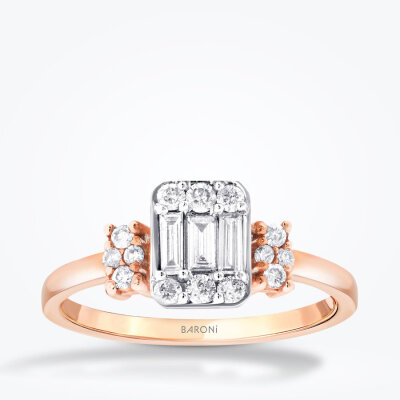 0.38 Karat Pırlanta Yanları Taşlı Baget Rose Yüzük - Baroni Diamond