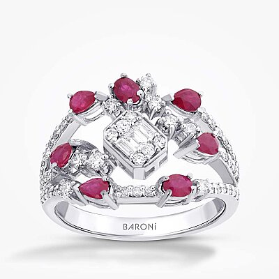 1.12 Karat Pırlanta Damla Taşlı Yakut Yüzük - Baroni Diamond