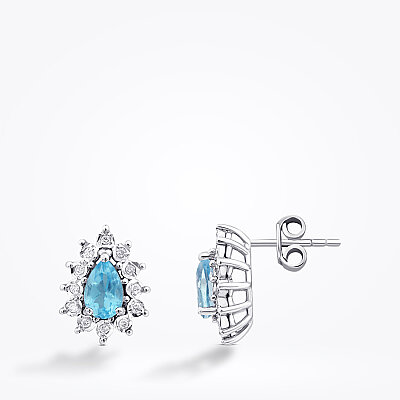 1.18 Karat Pırlanta Damla Taşlı Blue Topaz Küpe - Baroni Diamond