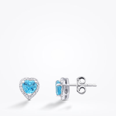 1.28 Karat Pırlanta Blue Topaz Kalp Taşlı Küpe - Baroni Diamond