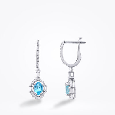 1.51 Karat Pırlanta Blue Topaz Oval Baget Küpe - Baroni Diamond