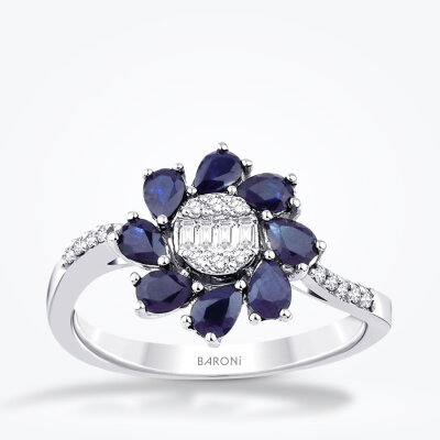 1.26 Karat Pırlanta Safir Çiçek Yüzük - Baroni Diamond
