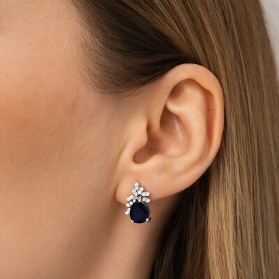 4.23 Karat Pırlanta Safir Küpe - 3