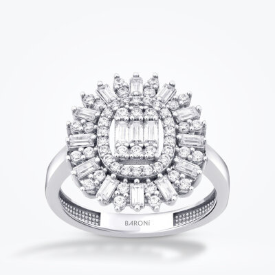 Altın Baget Taşlı Halo Yüzük - Baroni Diamond