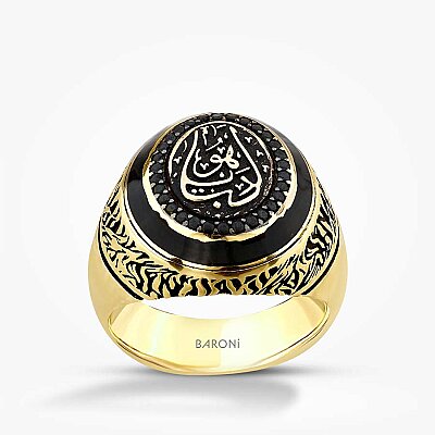 Altın Oniks Taşlı Osmanlı Tuğrası Yüzük - Baroni Diamond