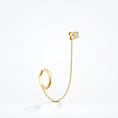 Altın Oval Taşlı Zincirli Kıkırdak Küpe - Baroni Diamond