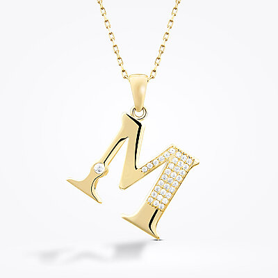 Altın Taşlı M Harf Kolye - Baroni Diamond (1)