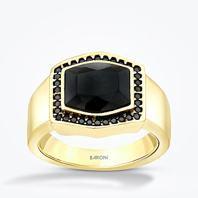 Altın Taşlı Siyah Erkek Yüzük - Baroni Diamond