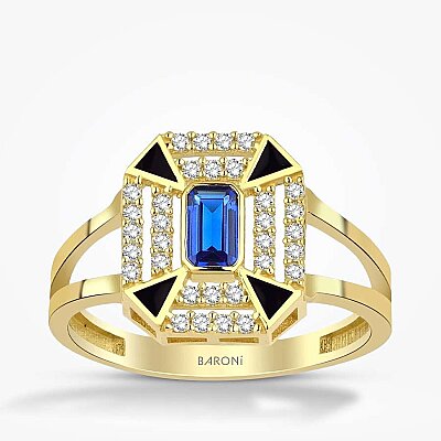 Altın Mavi Baget Taşlı Yüzük - Baroni Diamond