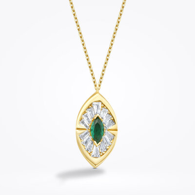 Altın Yeşil Taşlı Markiz Kolye - Baroni Diamond