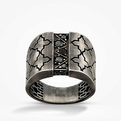 Gümüş Siyah Taşlı Erkek Yüzük - Baroni Diamond